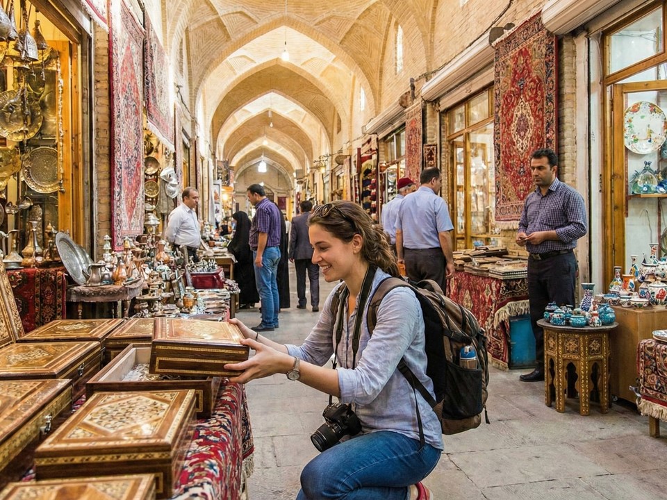 A wide-angle view of a traditional Iranian bazaar alley with high vaulted stone arches. The scene features storefronts overflowing with authentic handicrafts including hand-woven Persian carpets, intricate blue ceramics, and inlaid wooden boxes. Local shoppers and tourists browse the historic marketplace under warm, atmospheric lighting.