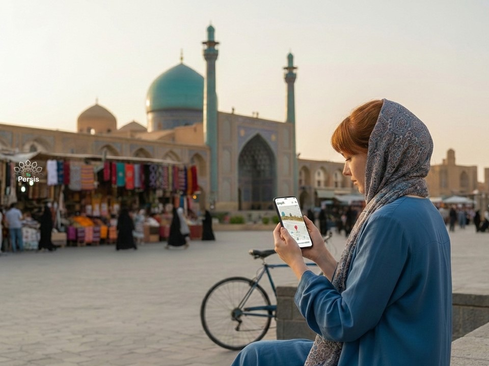 Traveler using Google Maps in Iran