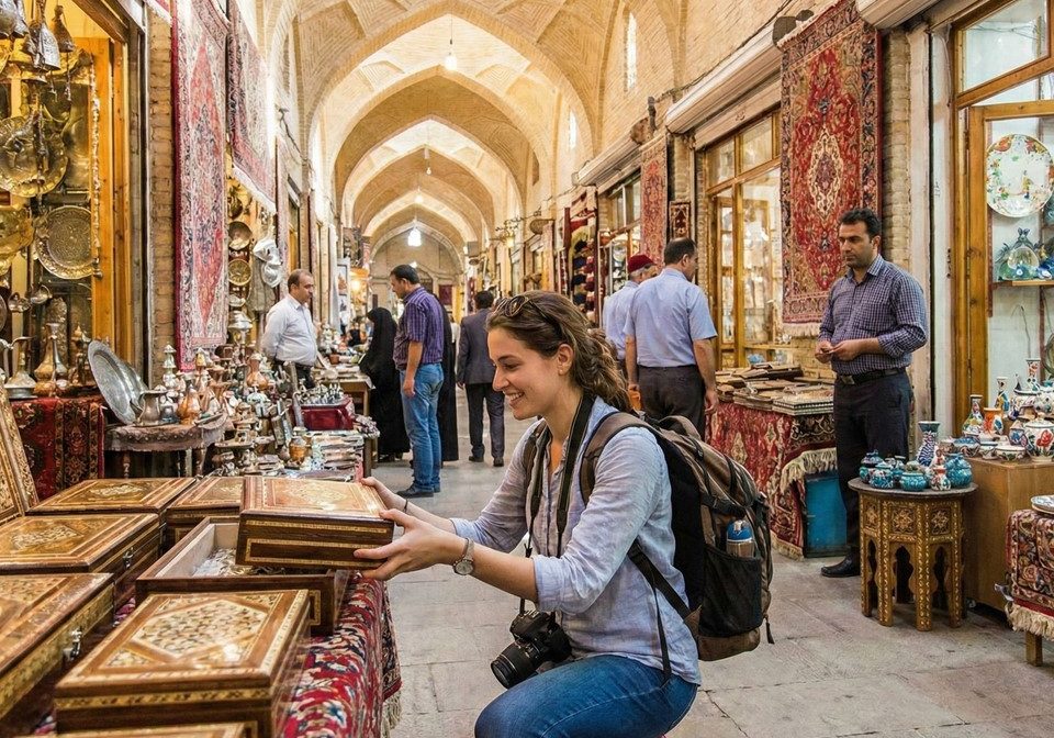 A wide-angle view of a traditional Iranian bazaar alley with high vaulted stone arches. The scene features storefronts overflowing with authentic handicrafts including hand-woven Persian carpets, intricate blue ceramics, and inlaid wooden boxes. Local shoppers and tourists browse the historic marketplace under warm, atmospheric lighting.